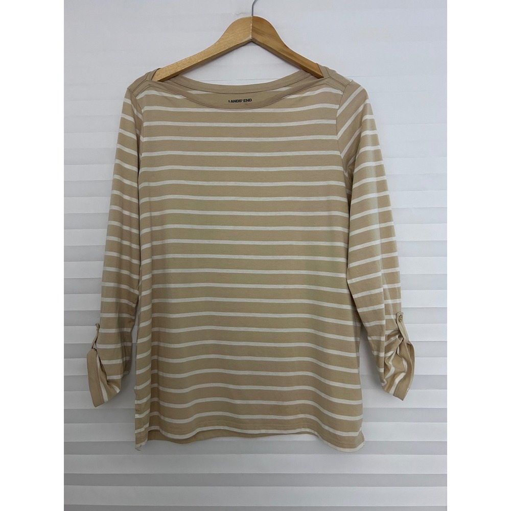 Lands End Womens Tan White Striped Cotton Boat Neck Tab Sleeve Top M 10-12